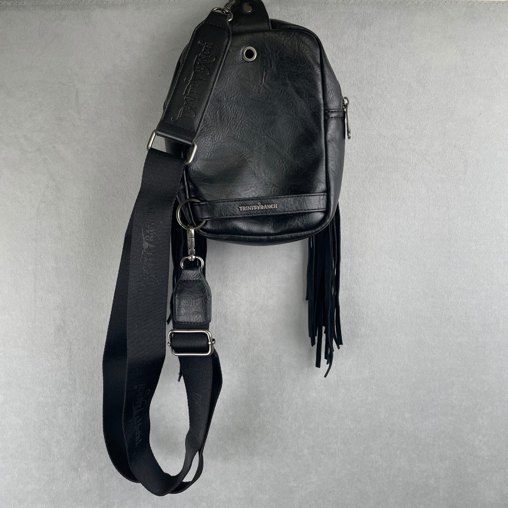 Trinity Ranch Black Leather Fringe Sling Bag Floral Embossed Hair Hide Crossbody - Picture 3 of 11